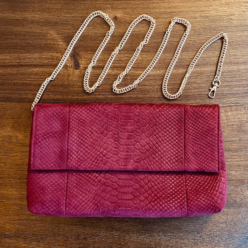 Burgundy Python-Embossed Clutch with Gold Chain Strap